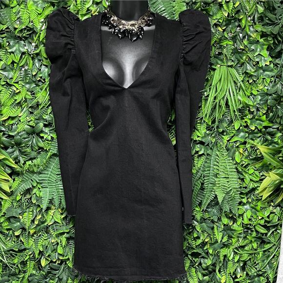 ZARA TRAFALUC Dress Women Small Black Denim Puff‎ Sleeve Fringe Hem Jeans 2620 - Picture 1 of 8